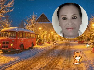 Hyggelig juleillustration med sne, juletræer en gammel bus og Røde Allan foran Nyborg Station samt portrætbillede af Betty Glosted.