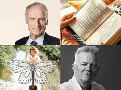 Collage med billeder af Bertel Haarder, en bog, Stine Michel med en stor sommerfugl og Mich Vraa.