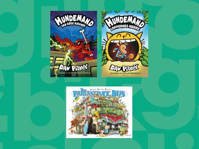 De tre mest lånte børnebøger i 2025. "Hundemand - Den røde hævner", "Hundemand - "Loppernes herre" og "Den fantastiske bus"