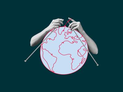 Illustration af to hænder, der strikker en globus.