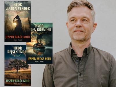 Portræt af Jesper Bugge Kolde samt bogforsiderne til trilogien.