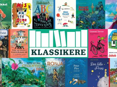 En masse børnebøger samt logo med ordet "Klassikere"