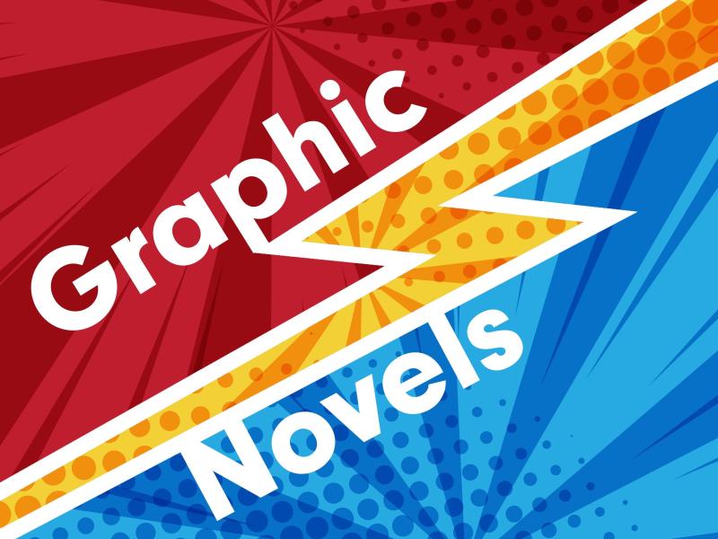 Ordene Graphic Novels på en tegneserielignende baggrund.