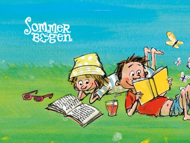 Sommerbogen logo og illustration af to børn der ligger og læser.