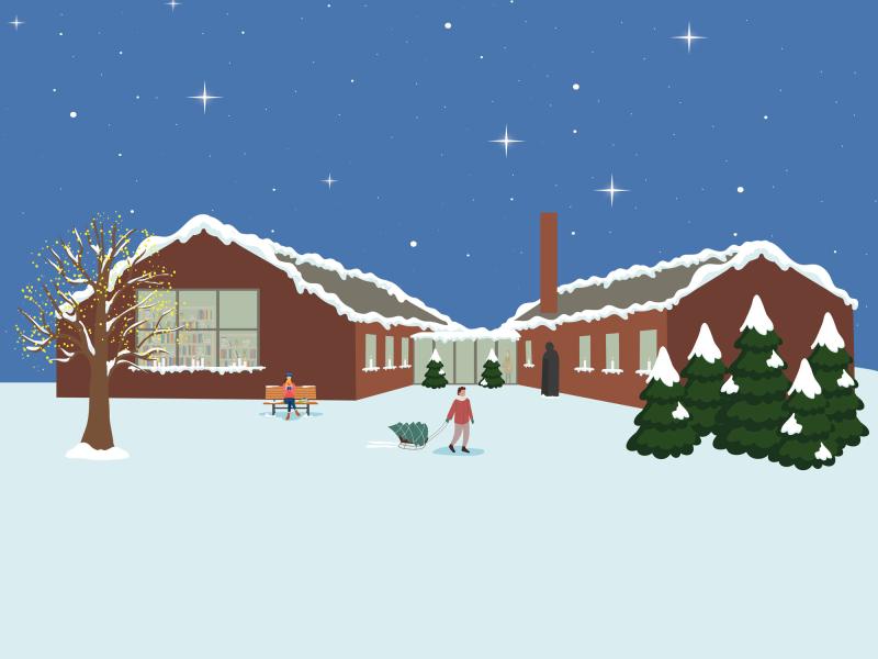 Hyggelig illustration af Nyborg Bibliotek beklædt med sne.