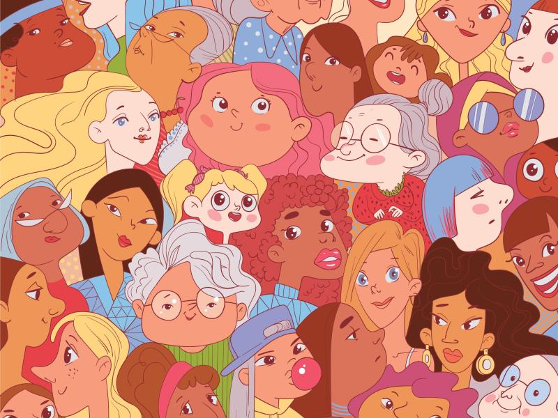 Illustration af en masse forskellige kvindeansigter af forskellige alder og forskelligt udseende.