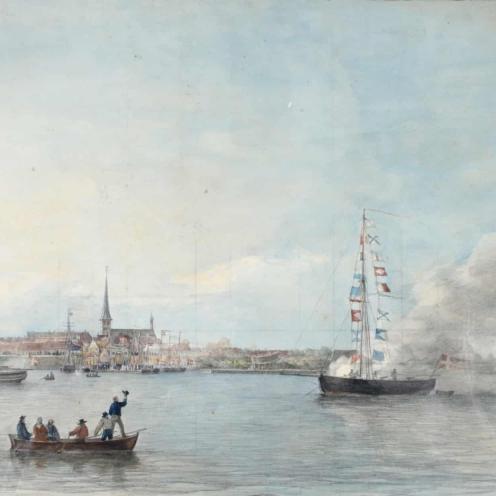 Udsnit af akvarellen, der viser Nyborgs havn, som den så ud den dag i 1840. Foto: Anne-Lise Reinsfelt, Nyborg Lokalhistoriske Arkiv.