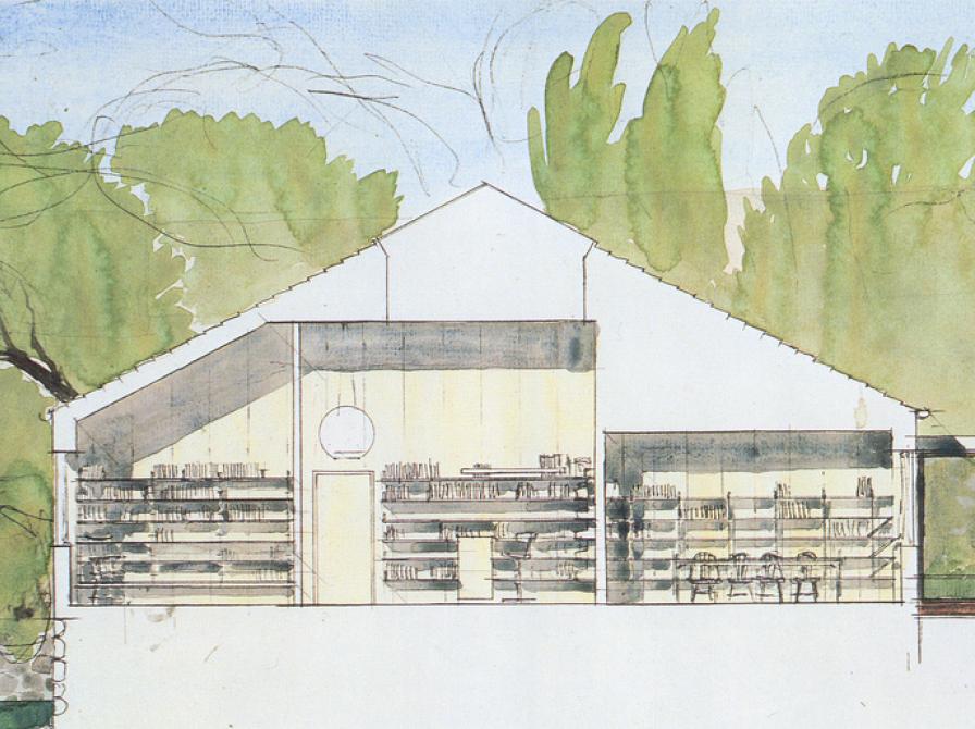 Akvarelskitse af Erik Møller til Nyborg Bibliotek.