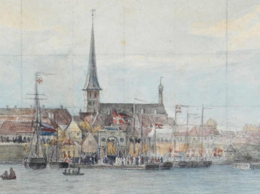 Udsnit af akvarellen, der viser Nyborgs havn, som den så ud den dag i 1840. Foto: Anne-Lise Reinsfelt, Nyborg Lokalhistoriske Arkiv.