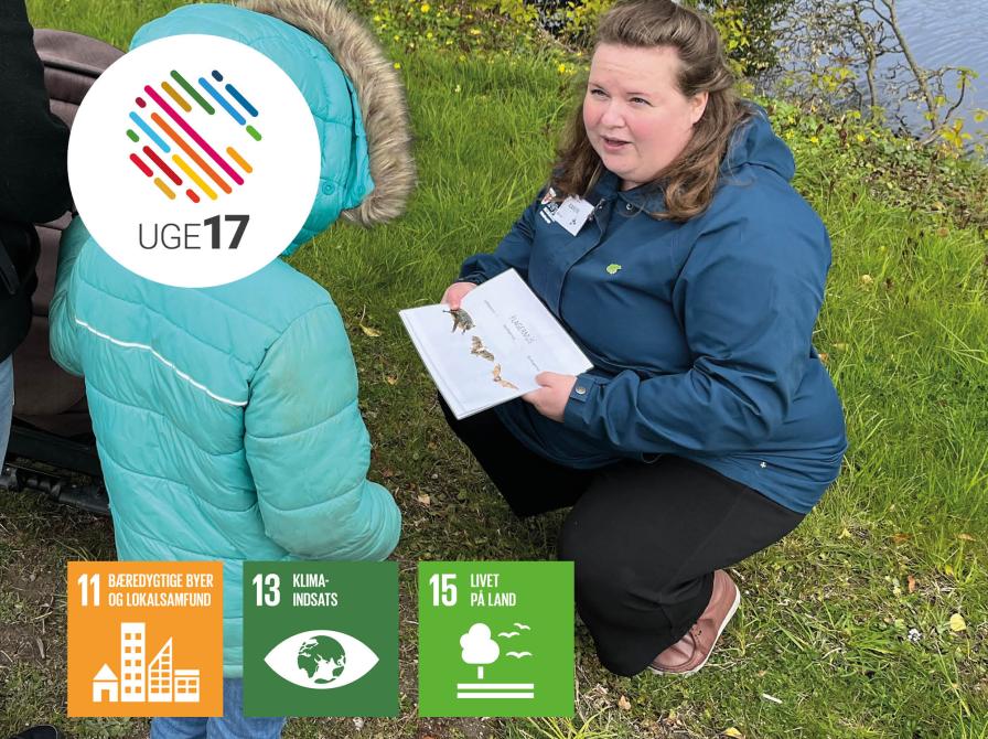 Natur-Karen fortæller et barn om flagermusene på Nyborg Slot. Uge 17 logo. Verdensmål 11, 13 og 15.