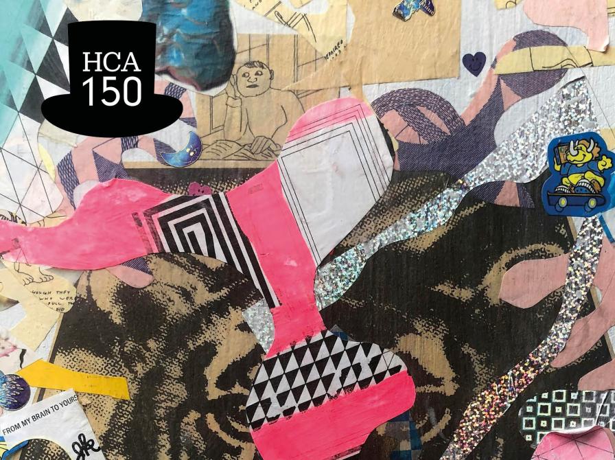 Collage samt logo med sort højt hat med teksten HCA 150.