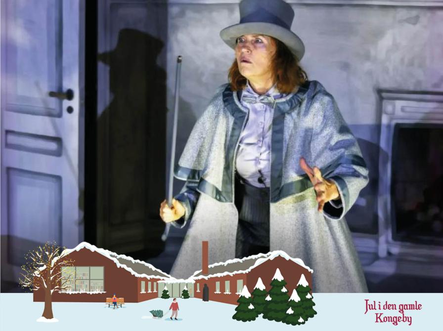 Billede fra forestillingen. I bunden illustration af Nyborg Bibliotek dækket af sne med logoet for Jul i den gamle Kongeby.,