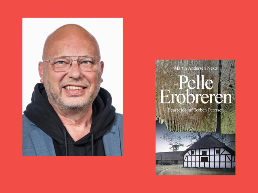Portræt af Carsten Olsen og bogforside for Pelle Erobreren