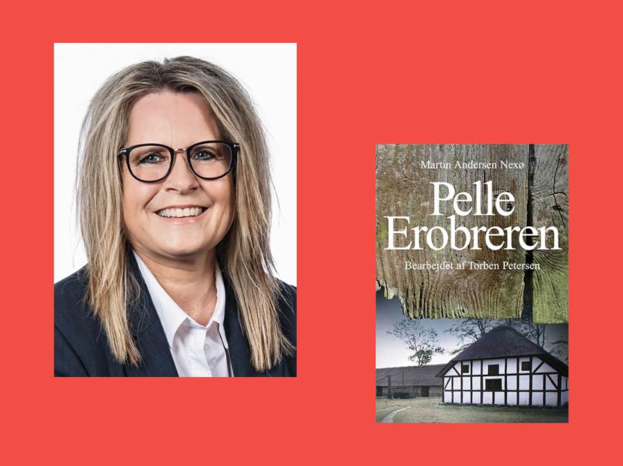 Lone Smidt med bogforsiden til Pelle Erobreren.