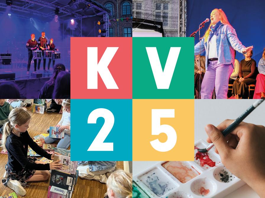 Der står KV25 i farvede firkanter oven på fire billeder af kulturaktiviteter i Nyborg