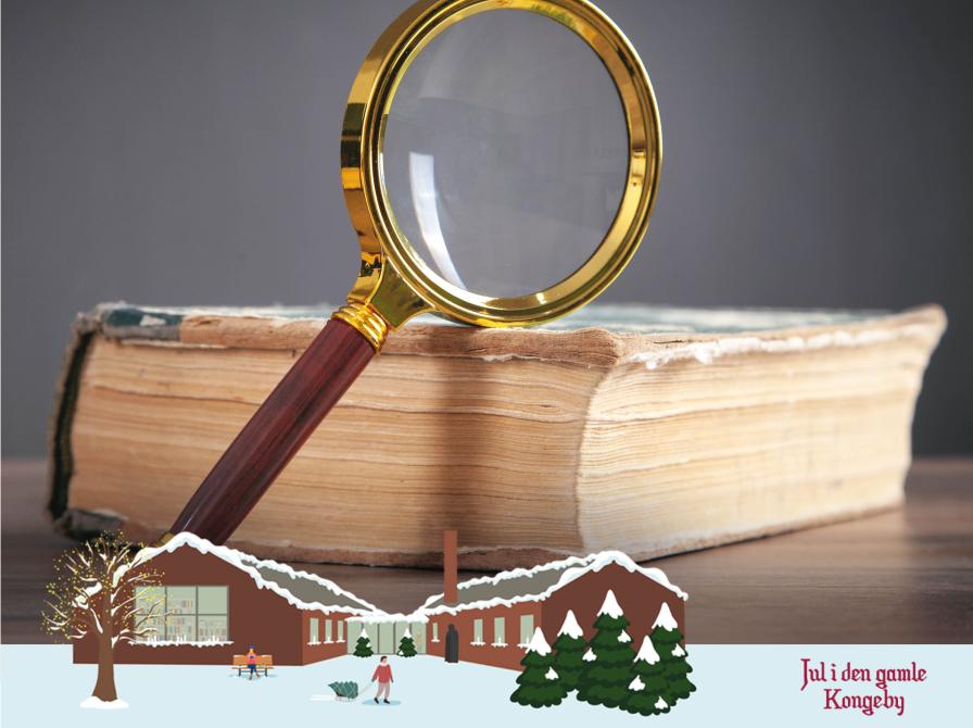 Forstørrelsesglas, bog og logo for Jul i den gamle Kongeby.