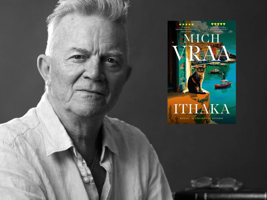 Portræt af Mich Vraa samt bogforsiden til Ithaka. Foto: Emilie Vraa.