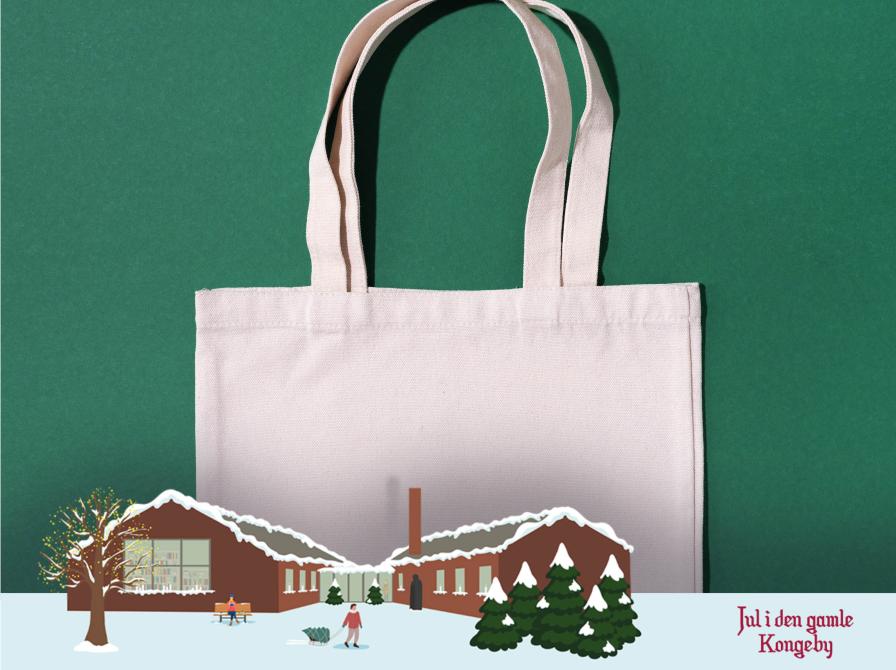Hvid mulepose på grøn baggrund. Jul i den gamle Kongeby logo.