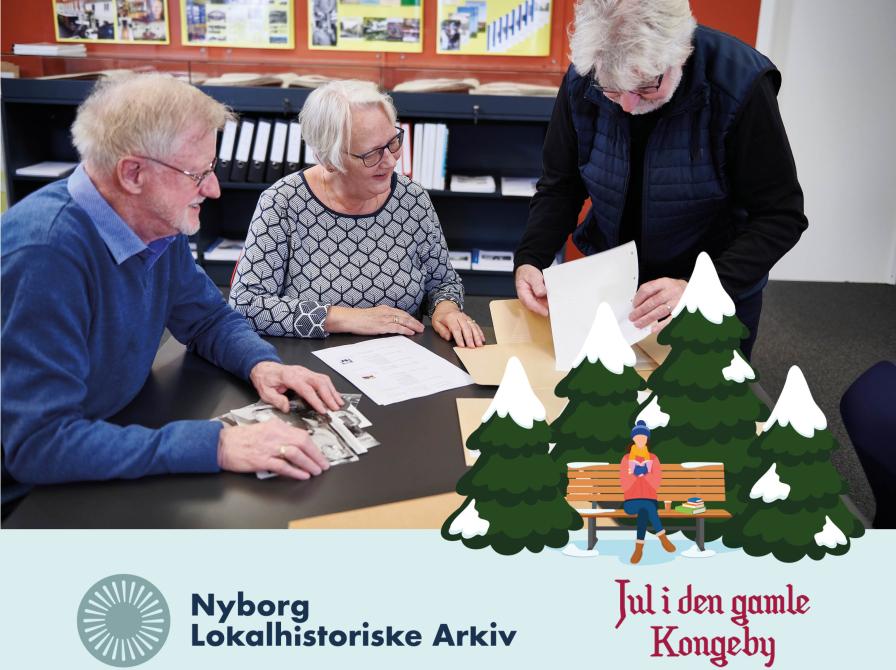 Frivillige ved Nyborg Lokalhistoriske Arkiv kigger på dokumenter. Jul i den gamle kongeby logo.