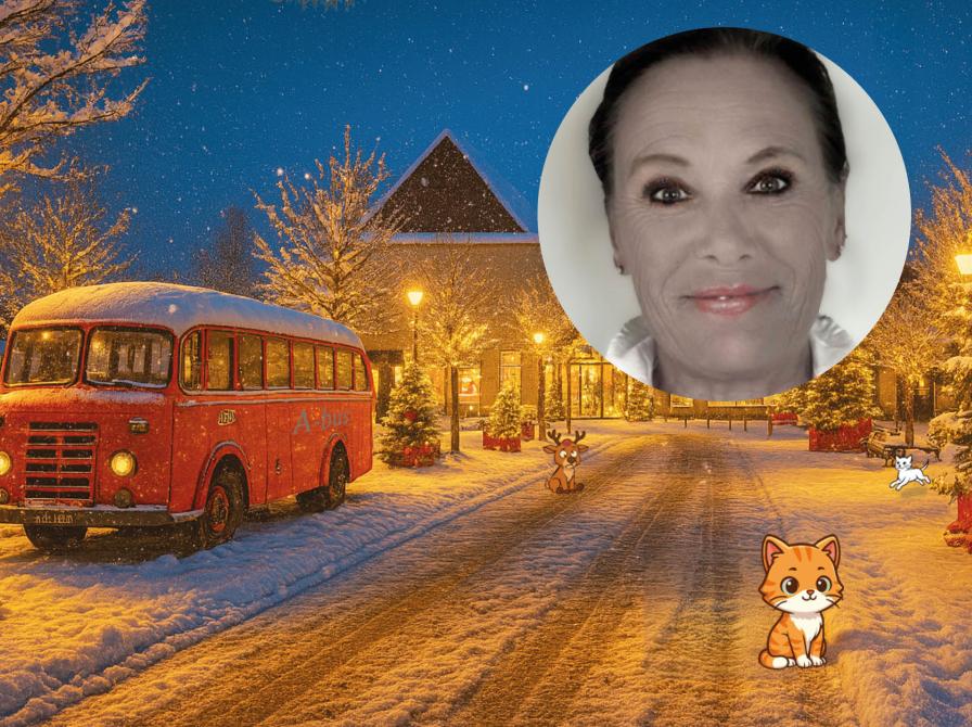 Hyggelig juleillustration med sne, juletræer en gammel bus og Røde Allan foran Nyborg Station samt portrætbillede af Betty Glosted.