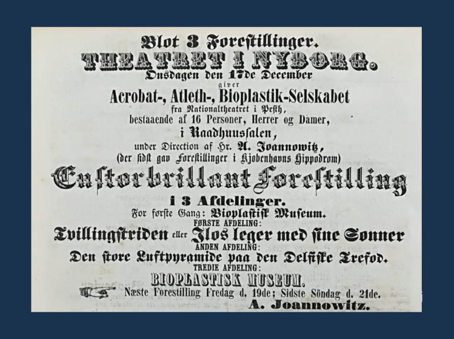 Avertissement i Nyborg Avis 13. december 1856. Underholdning af trup på Nationalteatret i Pest. Foto: Nyborg Lokalhistoriske Arkiv