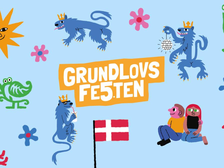 Sjove illustrationer og logo for Grundlovsfesten. 