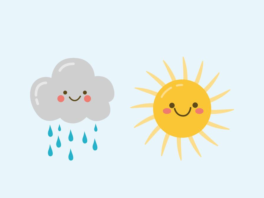 Illustration af en sky, der egner, og en sol.