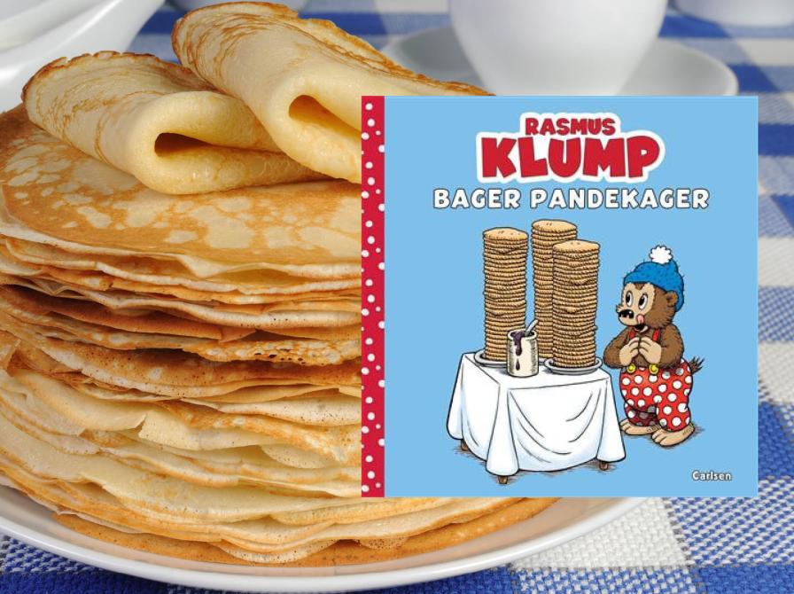 Foto af pandekager: Colourbox. Bogforside: "Rasmus Klump bager pandekager" fra forlaget Carlsen.