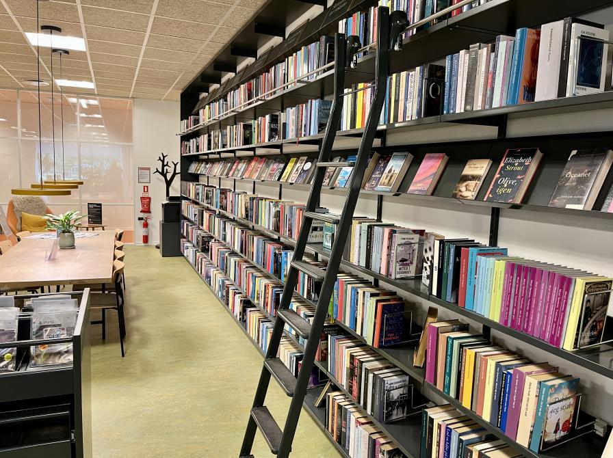 Billede af den store bogreol med stige på Ørbæk Bibliotek. Lån massevis af gode romaner for voksne.